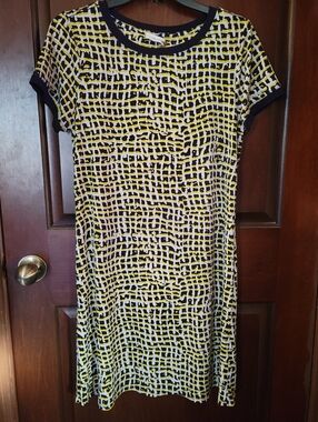 Calvin Klein Yellow, Black and White Abstract Grid Midi Dress - Size 12
